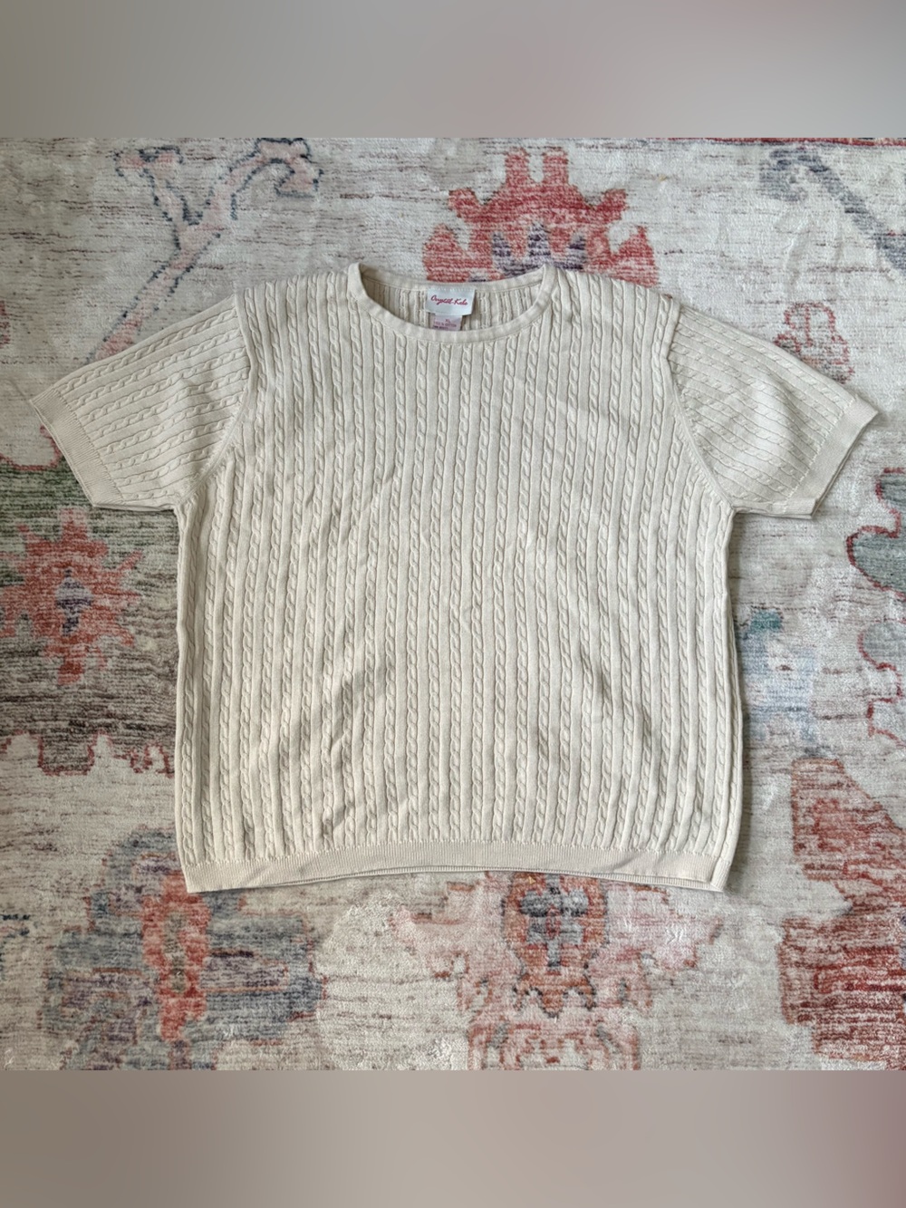 Cable Knit Short Sleeve Sweater Shirt 100% Cotton Cream Cottagecore Women’s XL‎